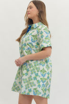 Green/Blue Floral Print Short Sleeve Mini