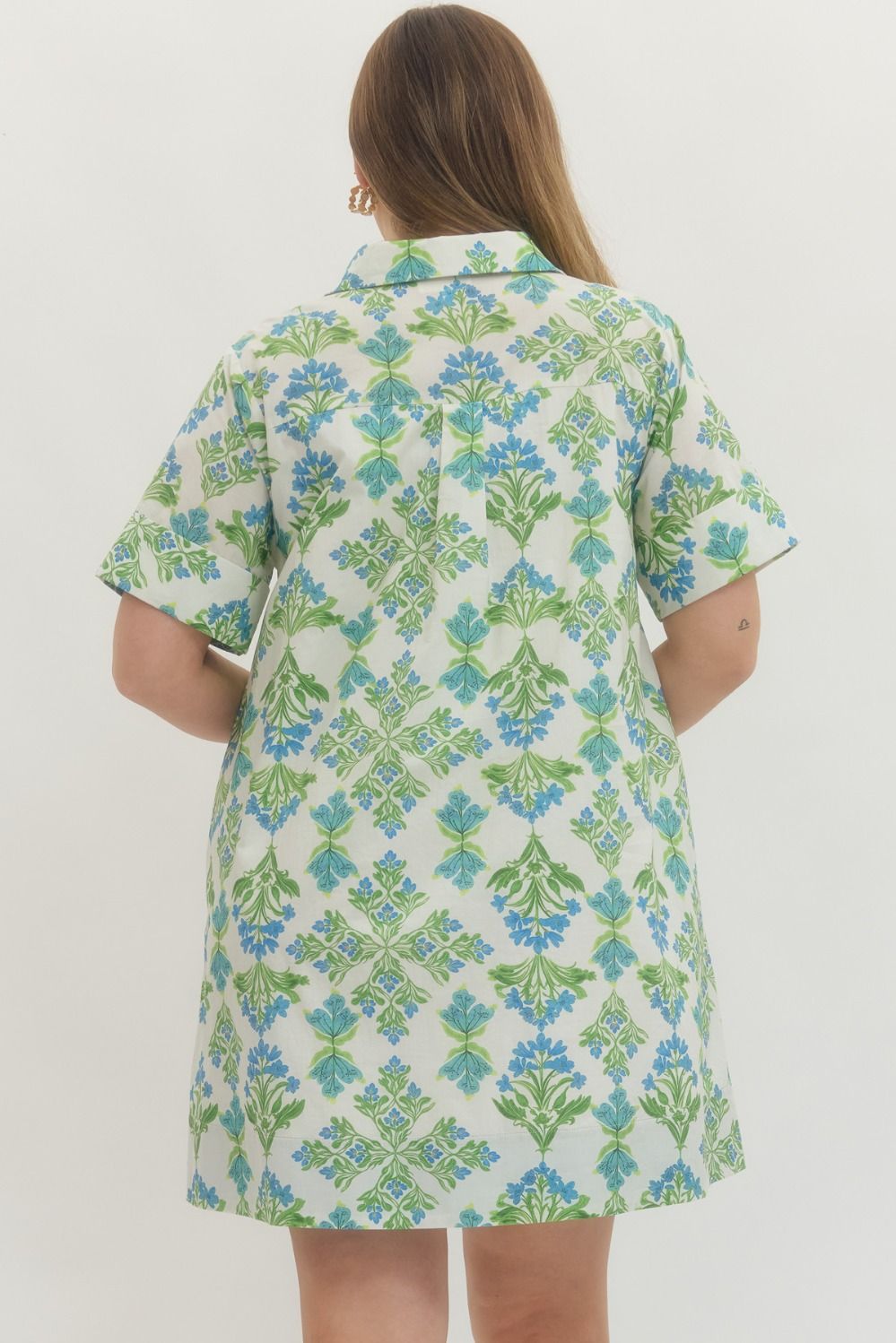 Green/Blue Floral Print Short Sleeve Mini
