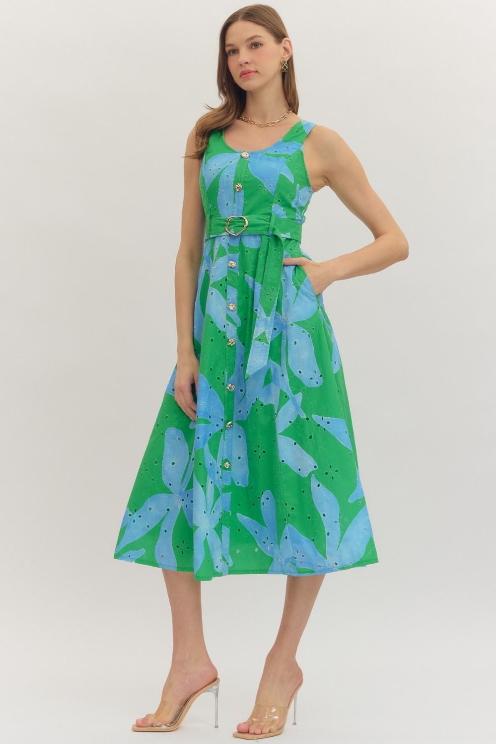 Botanical Eyelet Green Sleeveless Dress