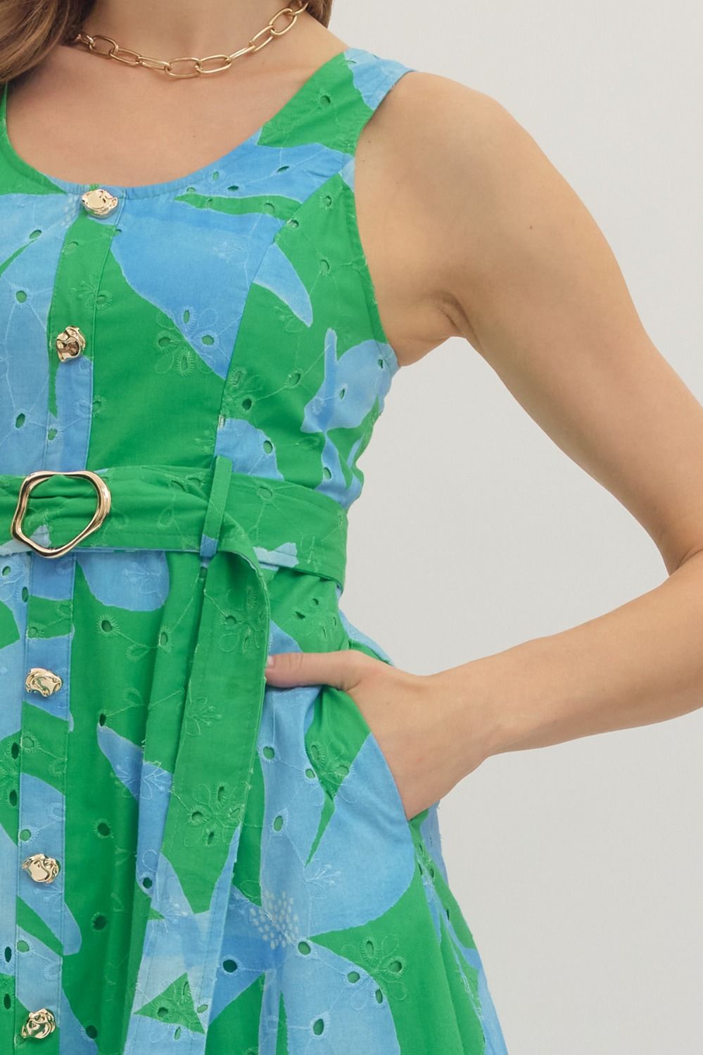 Botanical Eyelet Green Sleeveless Dress