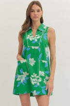 Green Floral Sleeveless Mini Dress