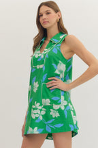 Green Floral Sleeveless Mini Dress