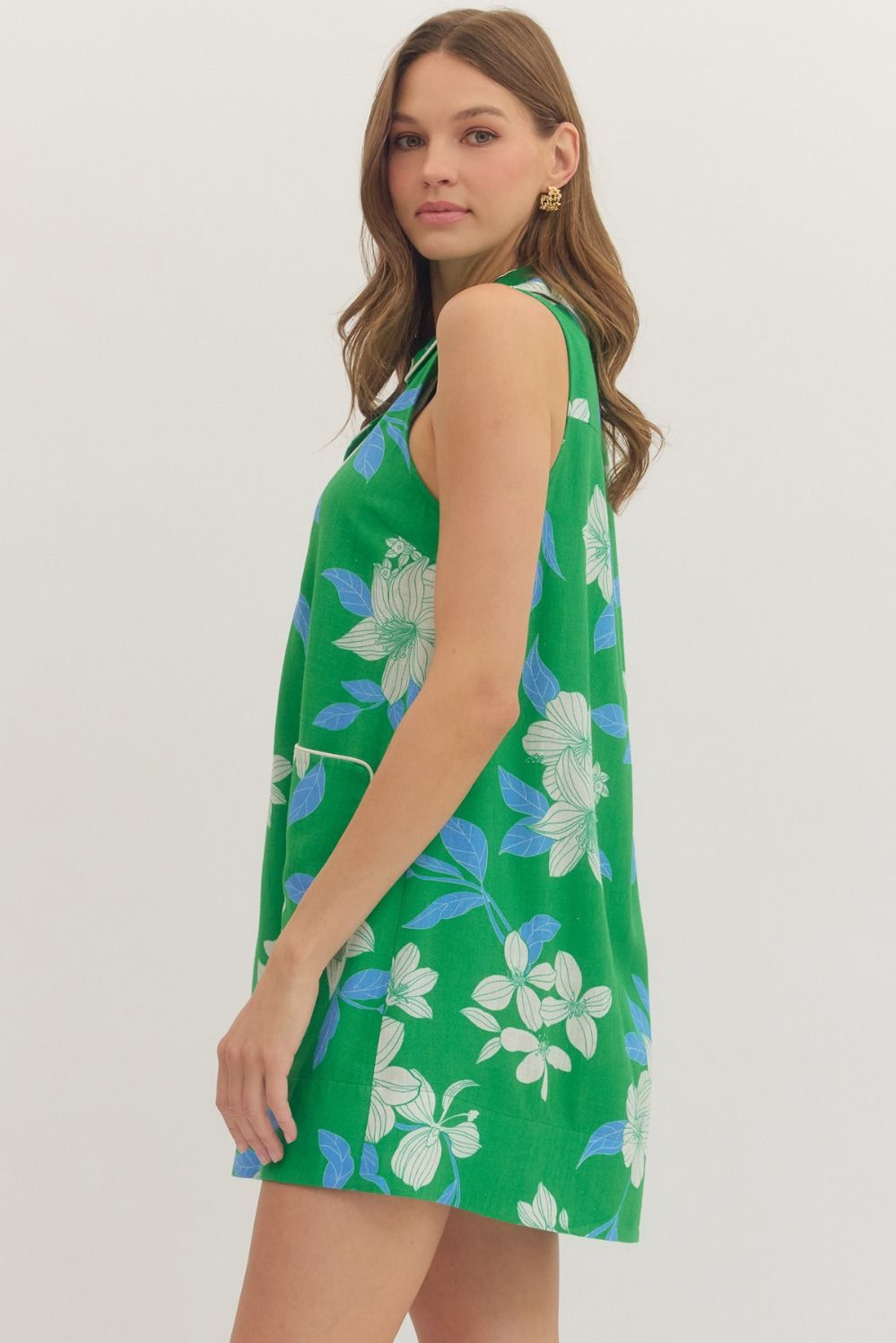 Green Floral Sleeveless Mini Dress