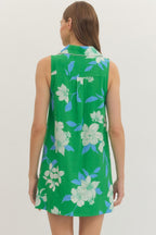 Green Floral Sleeveless Mini Dress