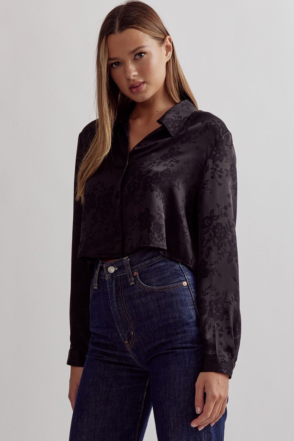 Satin floral jacquard collared button up - Little Jill & Co.