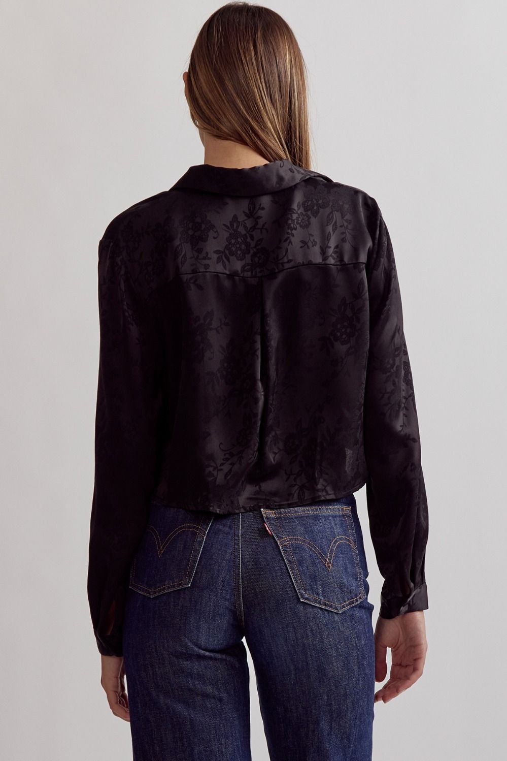 Satin floral jacquard collared button up - Little Jill & Co.