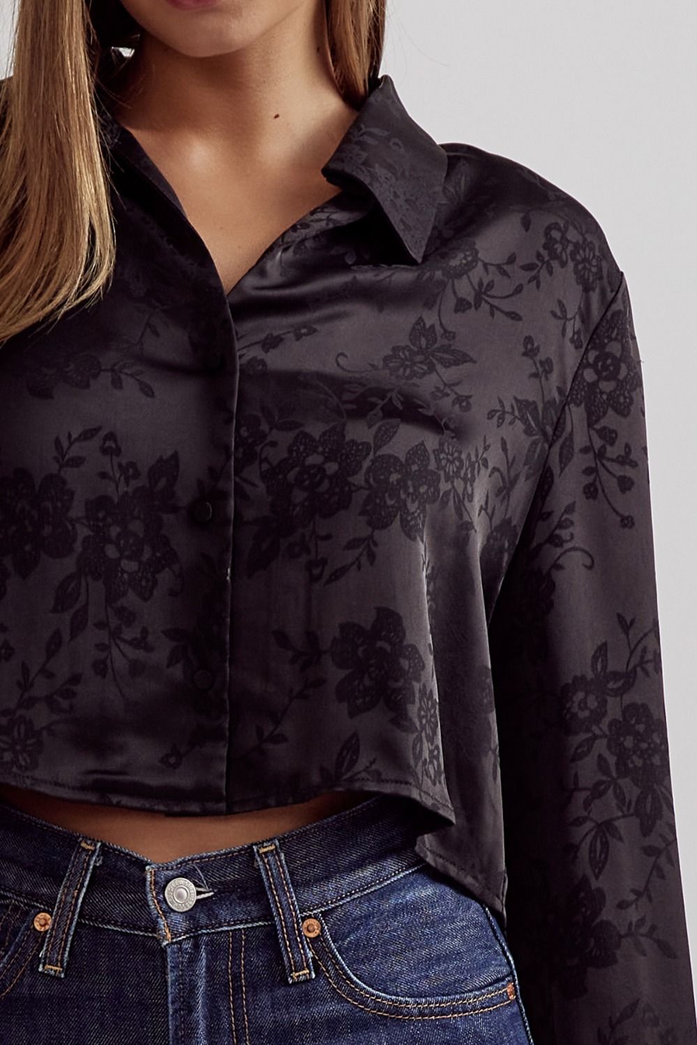 Satin floral jacquard collared button up - Little Jill & Co.