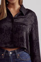 Satin floral jacquard collared button up - Little Jill & Co.
