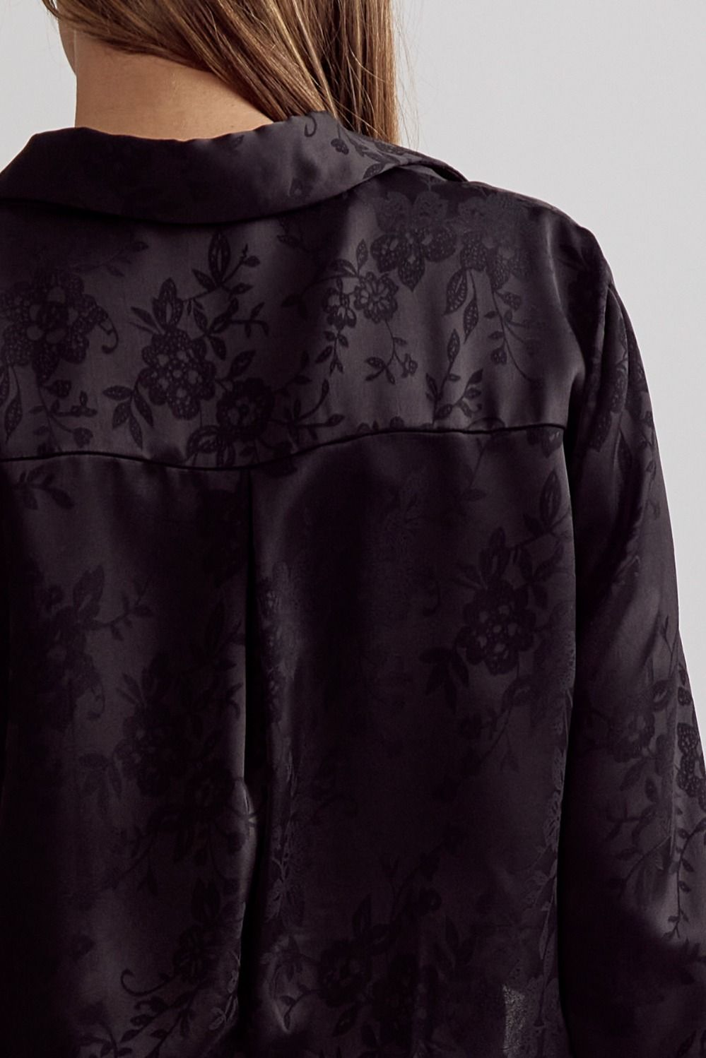 Satin floral jacquard collared button up - Little Jill & Co.