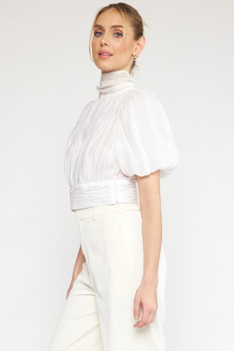 Satin high-neck puff sleeve crop top