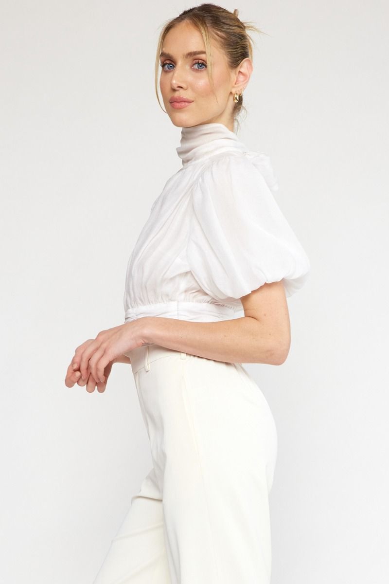 Satin high-neck puff sleeve crop top