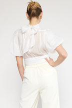Satin high-neck puff sleeve crop top