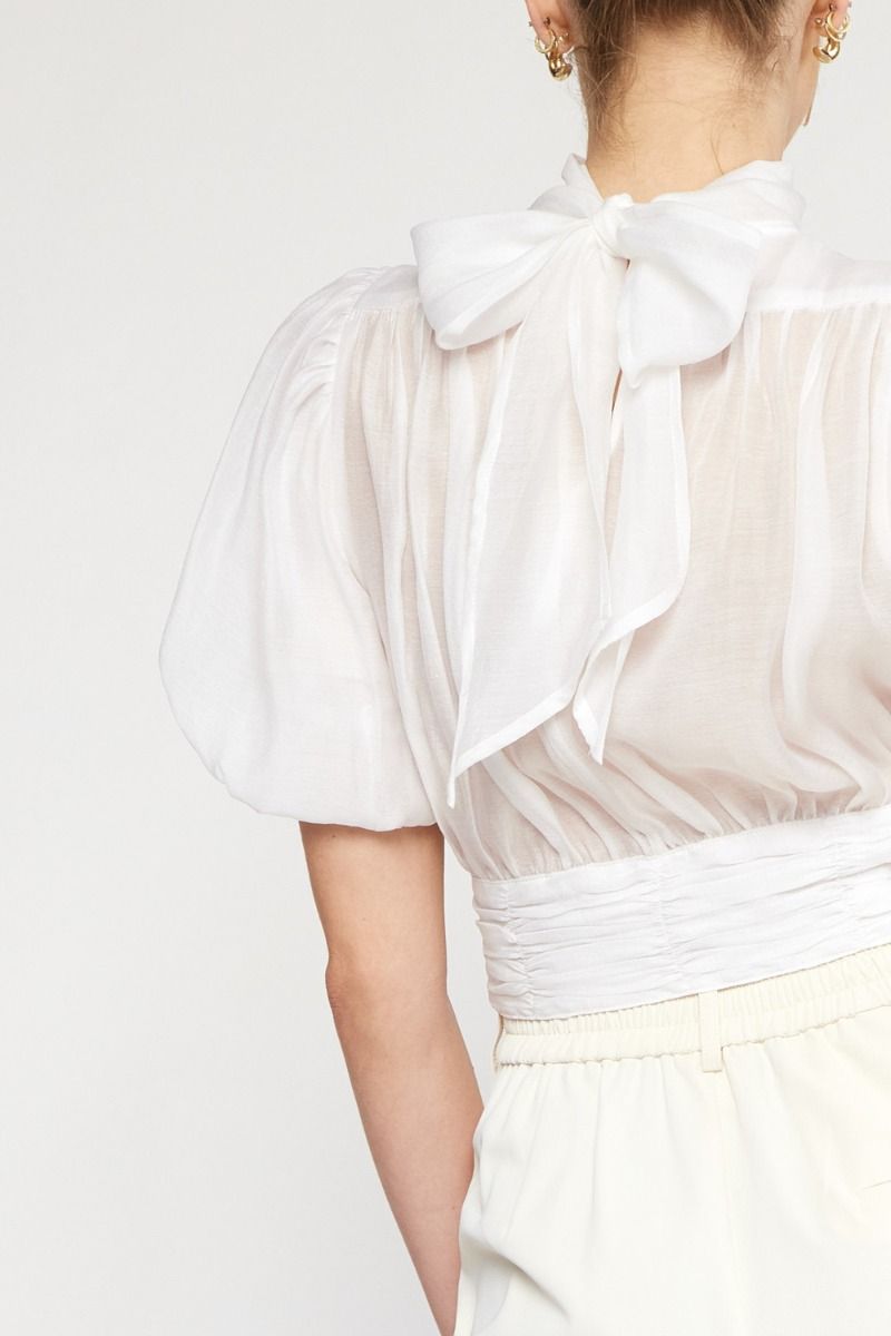 Satin high-neck puff sleeve crop top