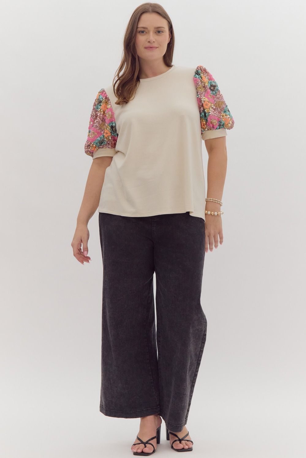 Sequined Solid Short Puff Sleeve