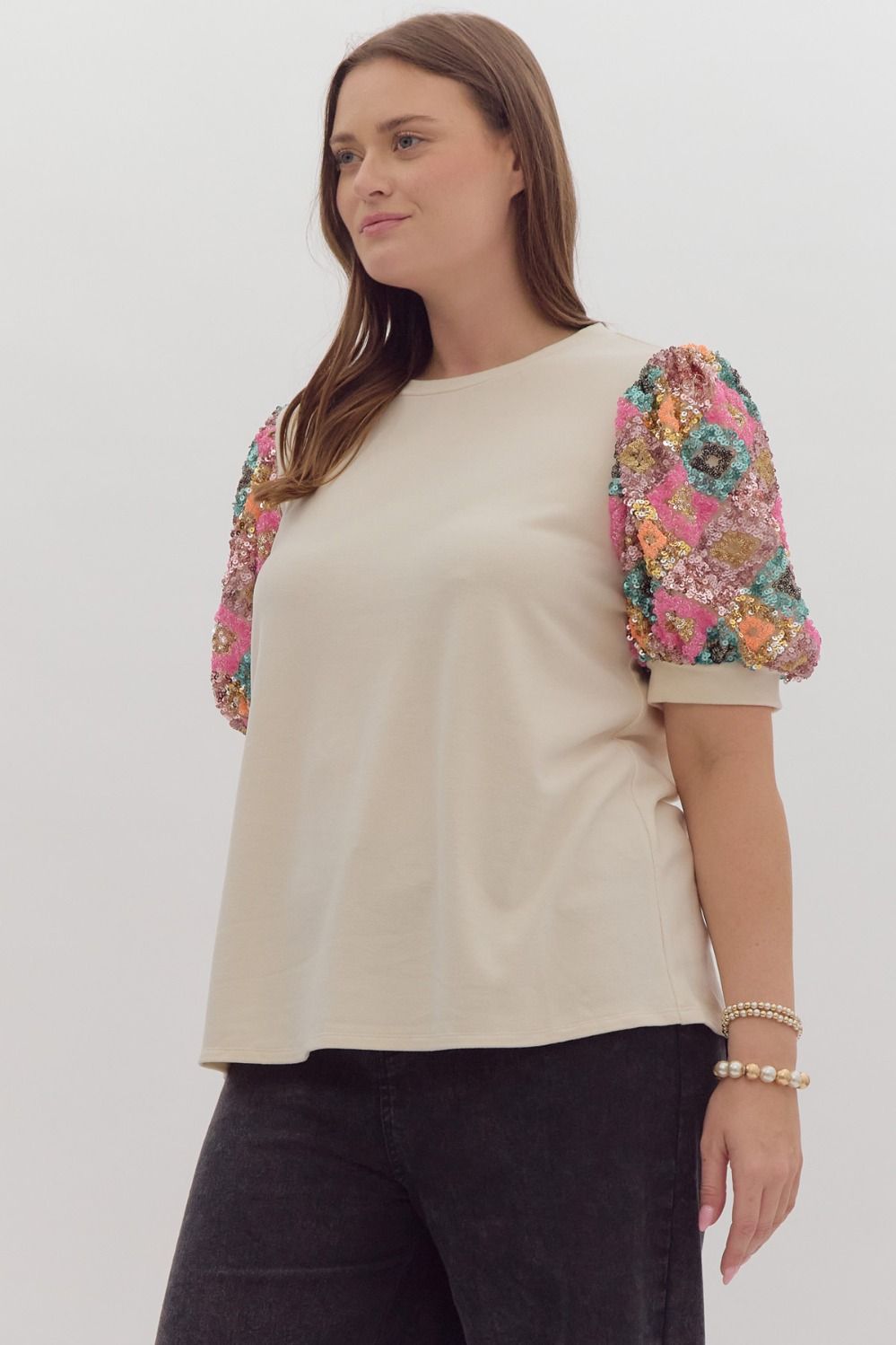 Sequined Solid Short Puff Sleeve