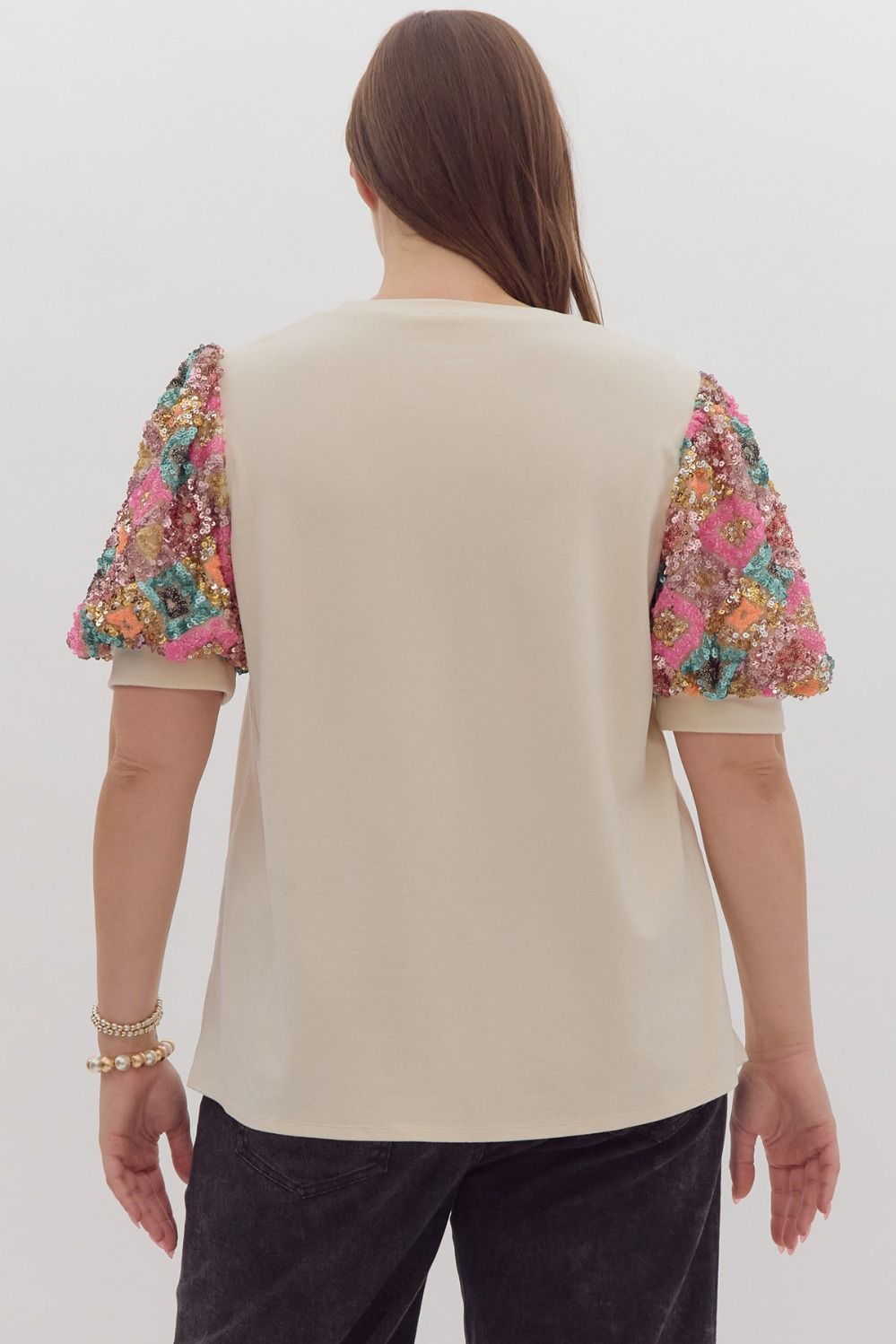 Sequined Solid Short Puff Sleeve