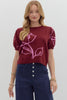 Floral motif short puff sleeve sweater