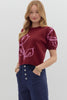 Floral motif short puff sleeve sweater