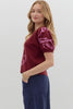 Floral motif short puff sleeve sweater