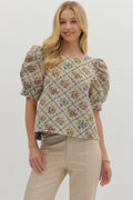 Botanical jacquard puff short sleeve top - Little Jill & Co.