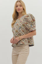 Botanical jacquard puff short sleeve top - Little Jill & Co.