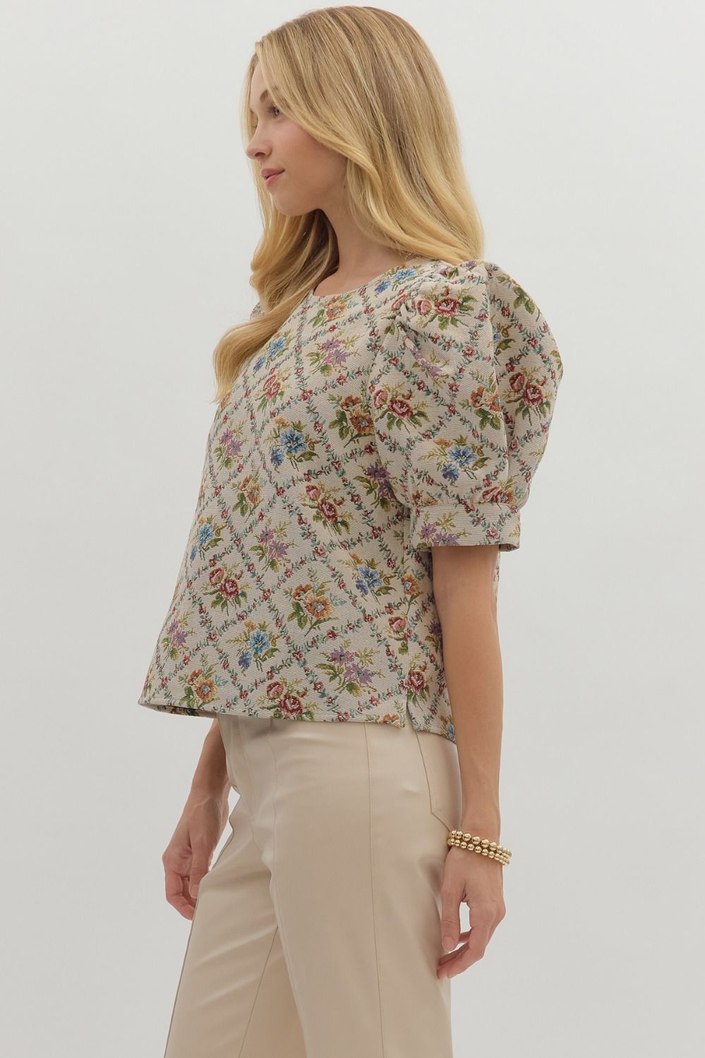Botanical jacquard puff short sleeve top - Little Jill & Co.