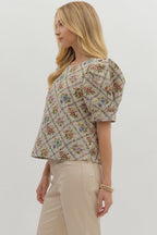 Botanical jacquard puff short sleeve top - Little Jill & Co.