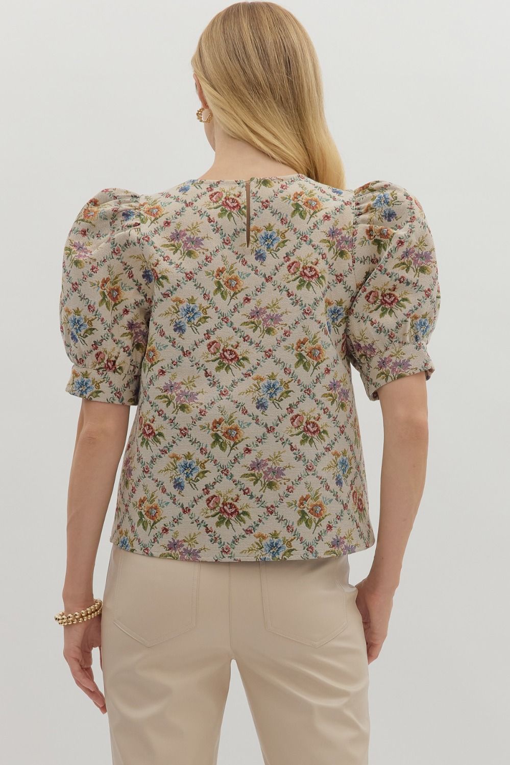Botanical jacquard puff short sleeve top - Little Jill & Co.