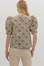 Botanical jacquard puff short sleeve top - Little Jill & Co.