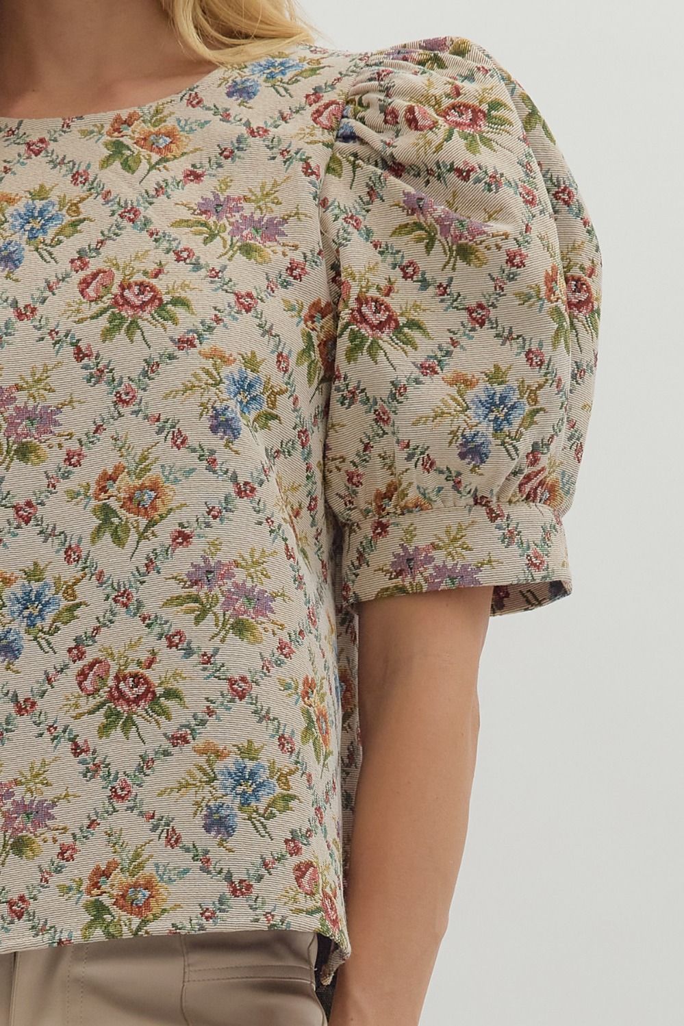 Botanical jacquard puff short sleeve top - Little Jill & Co.