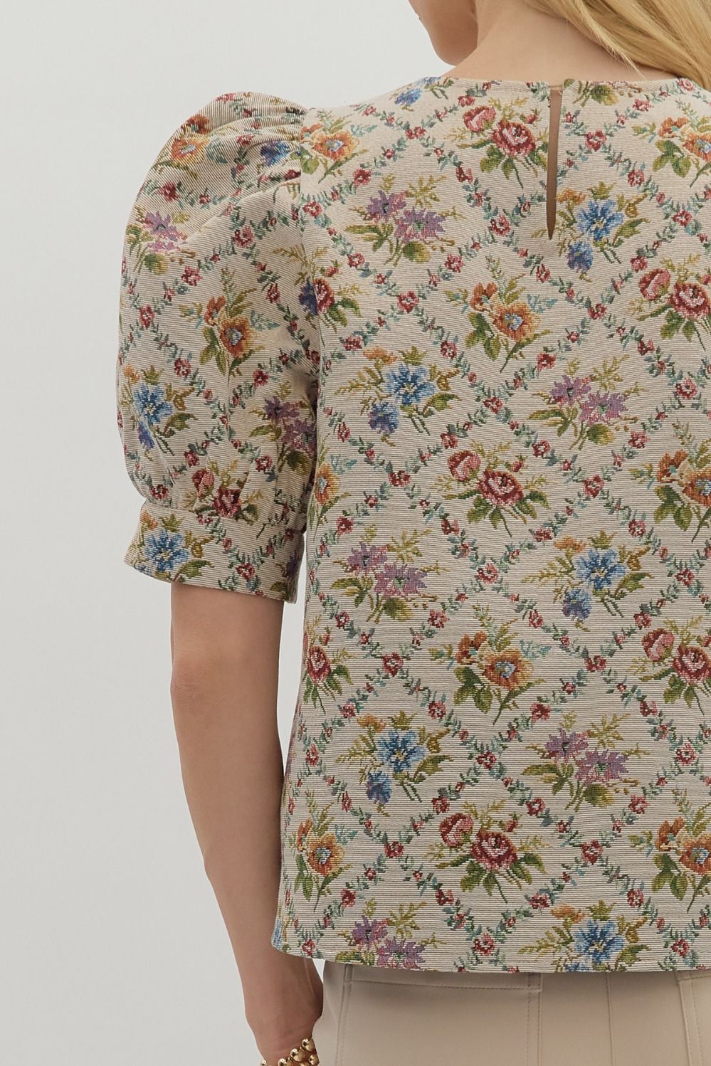 Botanical jacquard puff short sleeve top - Little Jill & Co.