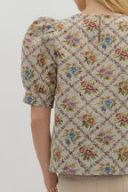 Botanical jacquard puff short sleeve top - Little Jill & Co.