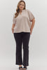 Almond Solid Short Sleeve Top Split V-neck