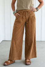 Wooden Button Elastic Waist Wide Leg Pants