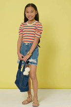 Girls Multi Color Stripe Ribbed Knit Puff Shoulder Top - Little Jill & Co.