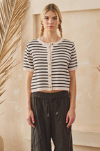 STRIPE BUTTON FRONT KNIT TOP