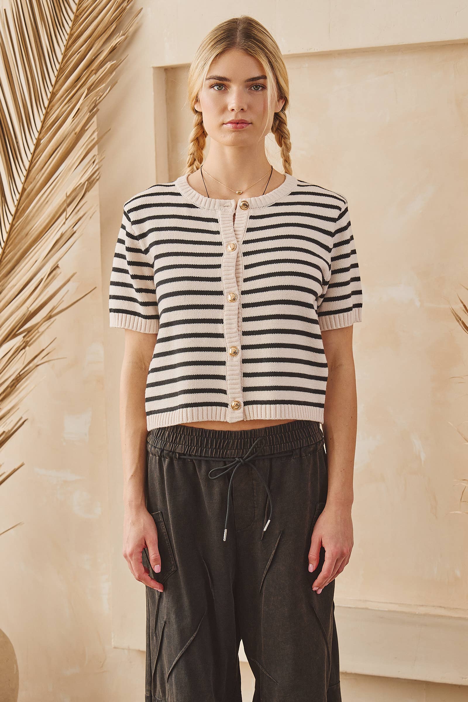 STRIPE BUTTON FRONT KNIT TOP
