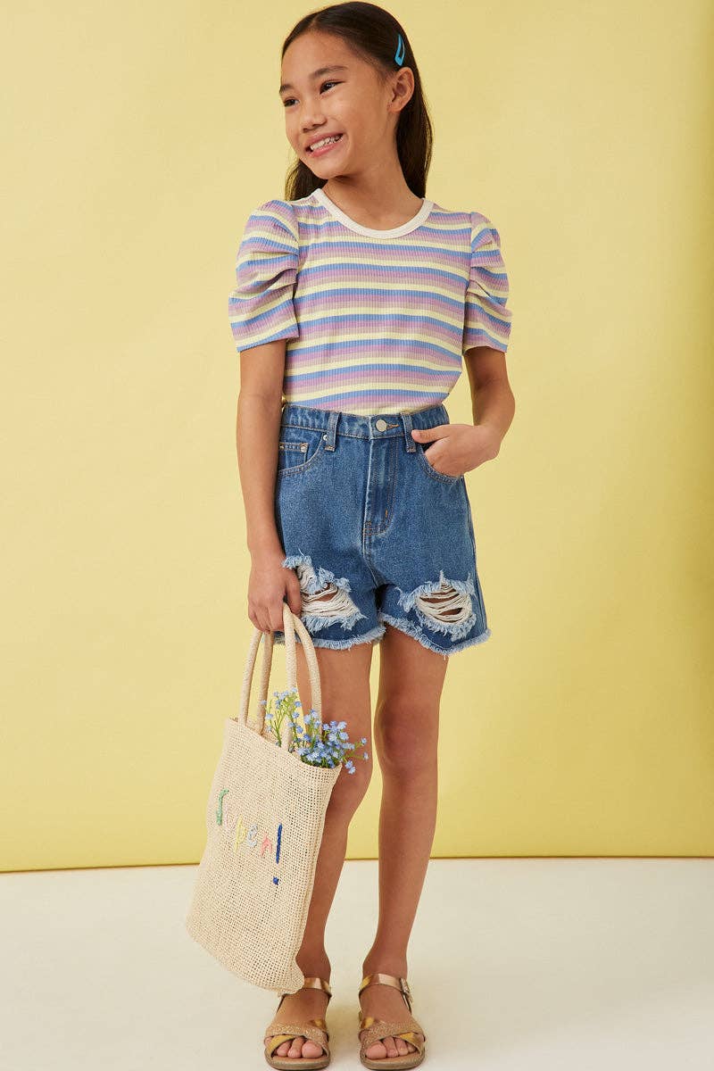 Girls Multi Color Stripe Ribbed Knit Puff Shoulder Top - Little Jill & Co.