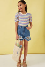 Girls Multi Color Stripe Ribbed Knit Puff Shoulder Top - Little Jill & Co.