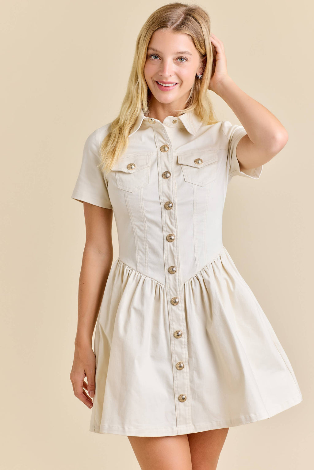 Button-Up Mini Denim Dress Featuring Gold Accent Buttons - Little Jill & Co.