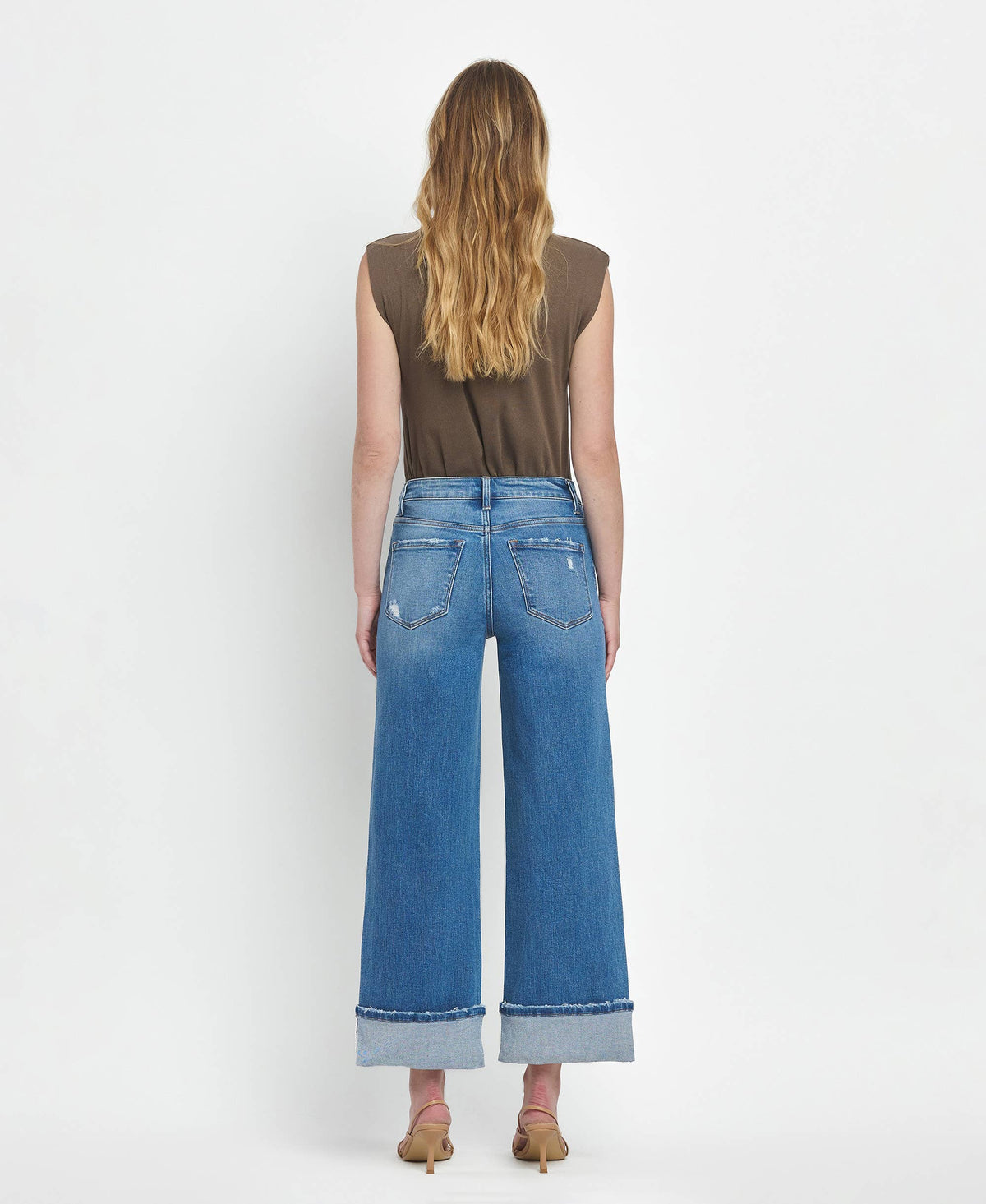 HIGH RISE MEDIUM WASH CUFFED WIDE JEANS F5890
