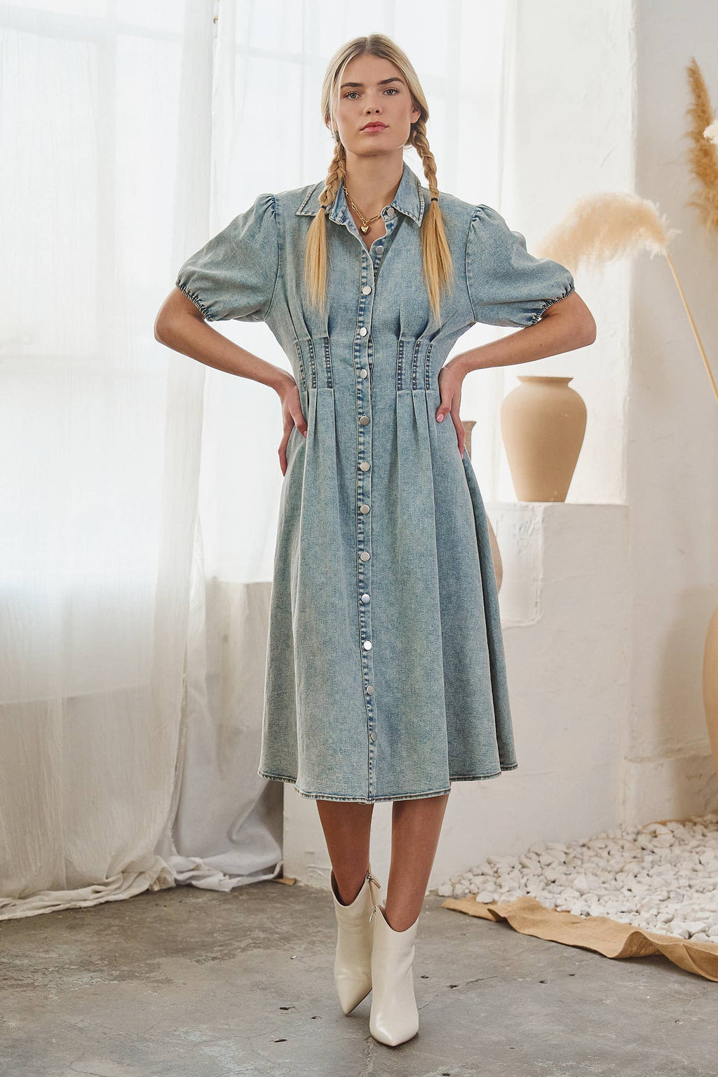 Denim Midi Puff Sleeve Dress