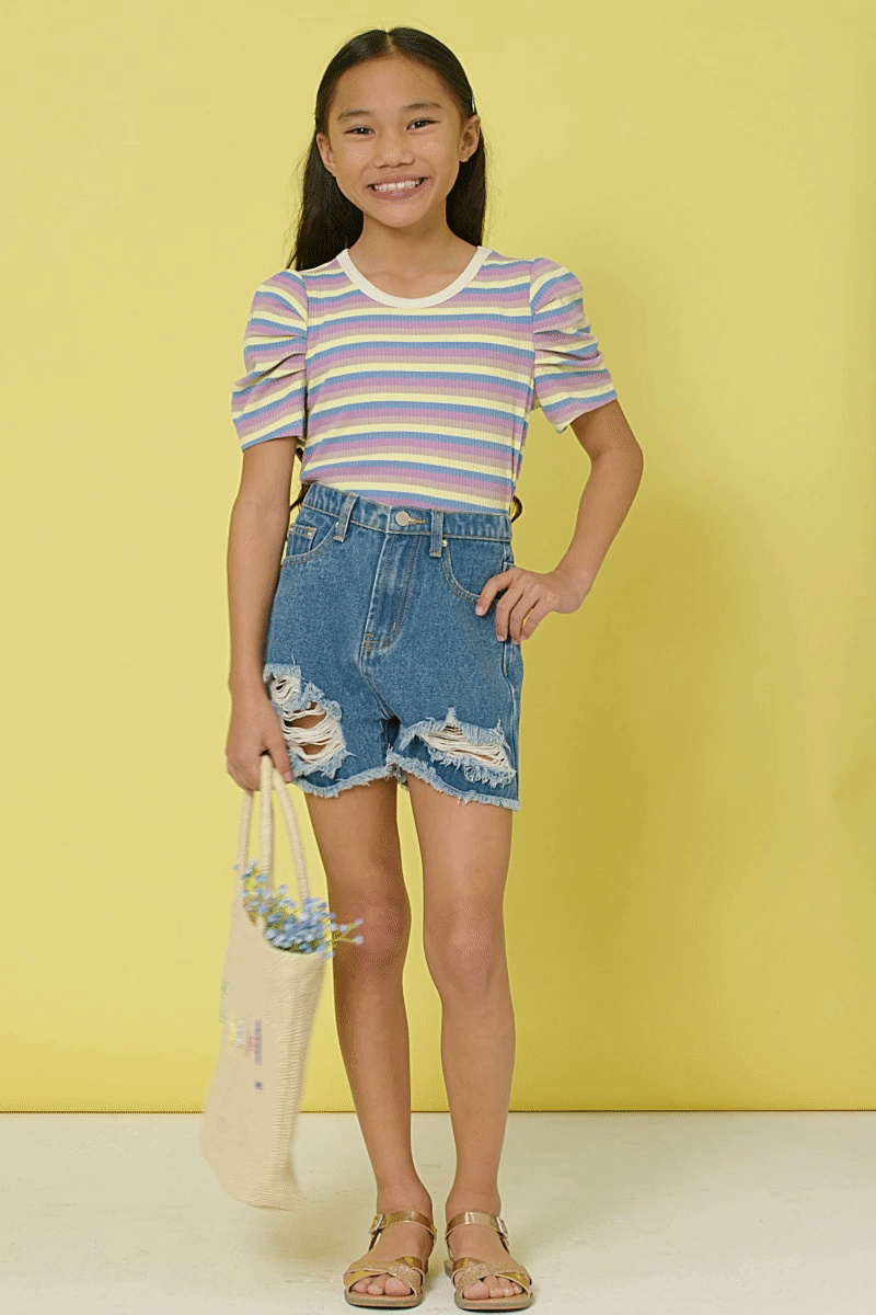 Girls Multi Color Stripe Ribbed Knit Puff Shoulder Top - Little Jill & Co.