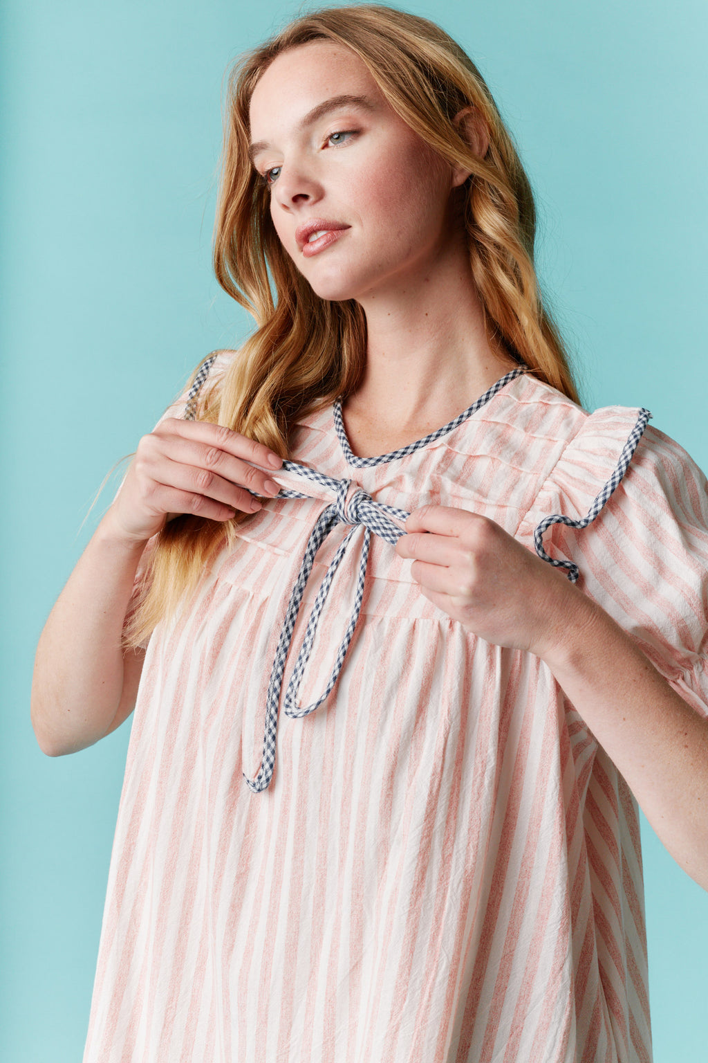 Stripe Pleated Yoke Puff Sleeve a Line Mini Dress - Little Jill & Co.