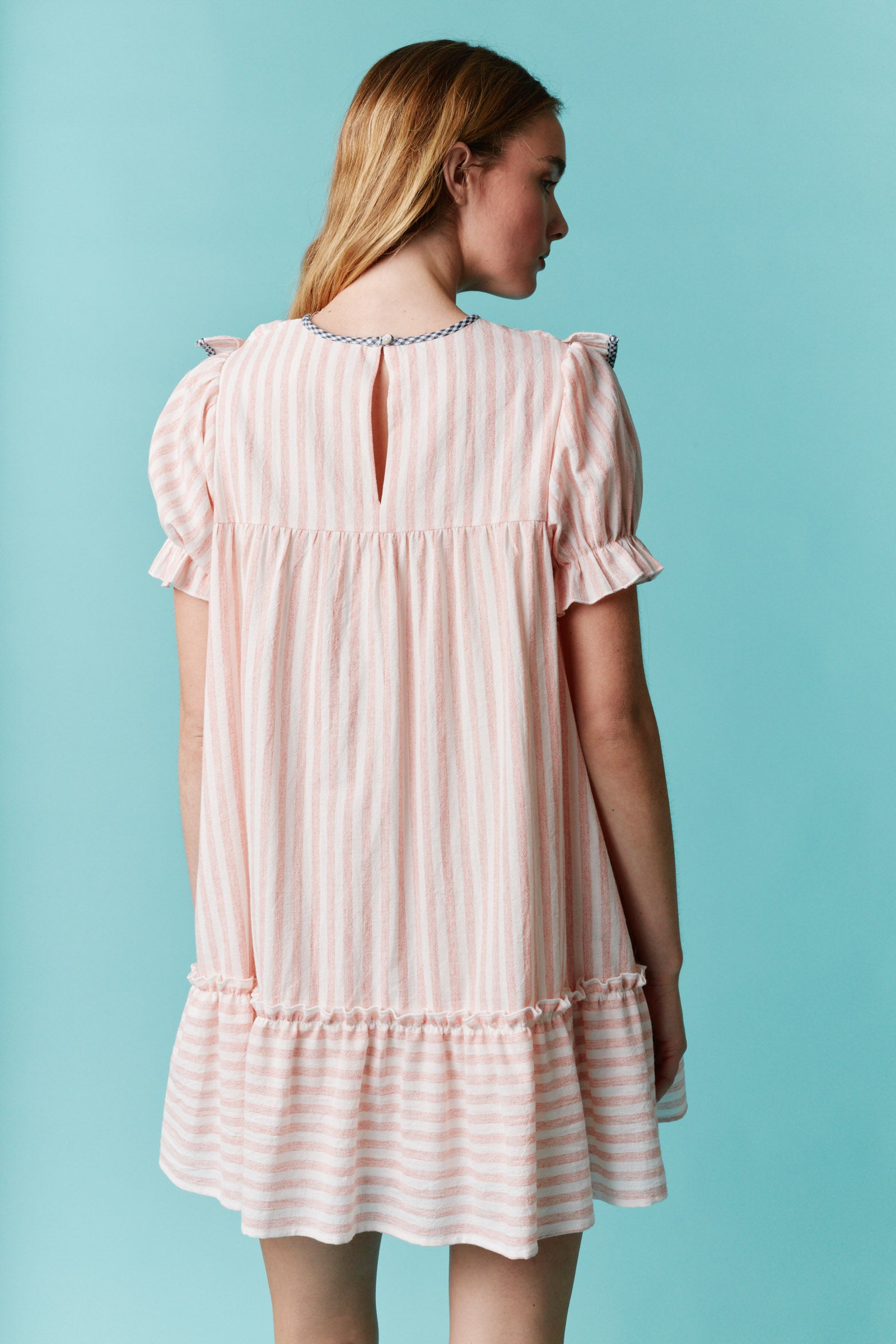 Stripe Pleated Yoke Puff Sleeve a Line Mini Dress - Little Jill & Co.
