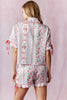 Printed Sleeve Ruffle with Tie Detail Satin Pajama Set