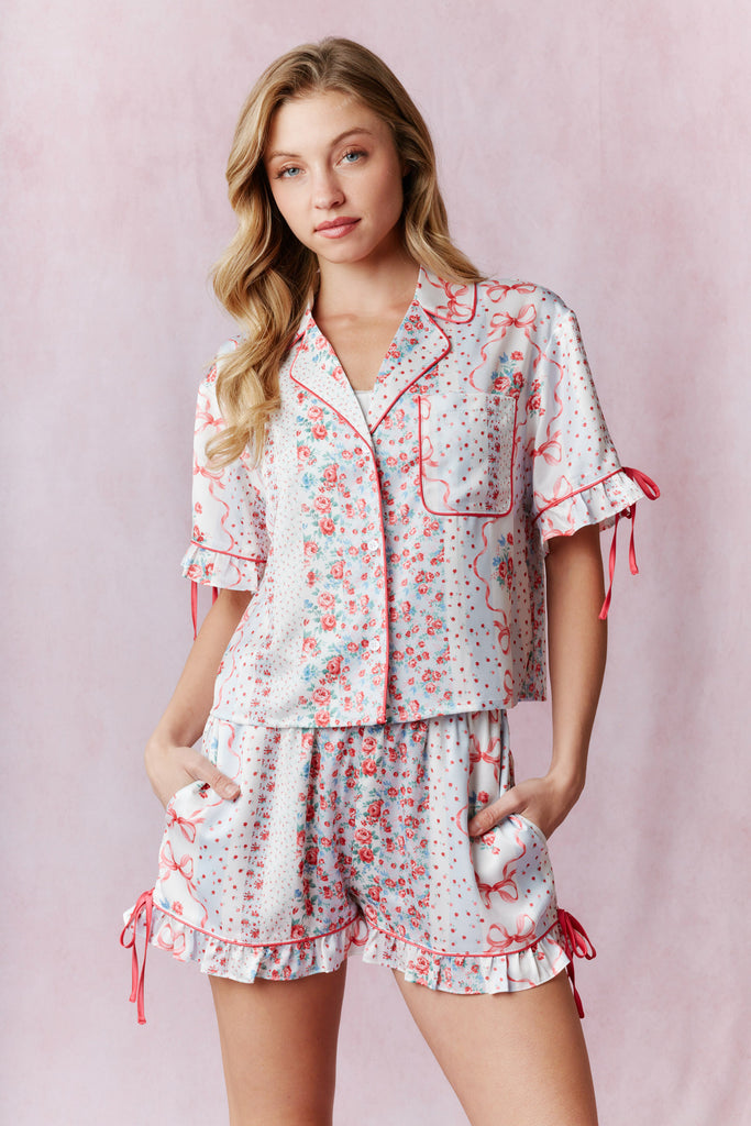 Printed Sleeve Ruffle with Tie Detail Satin Pajama Set
