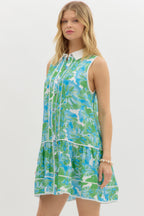 Floral print sleeveless mini dress Green Aqua