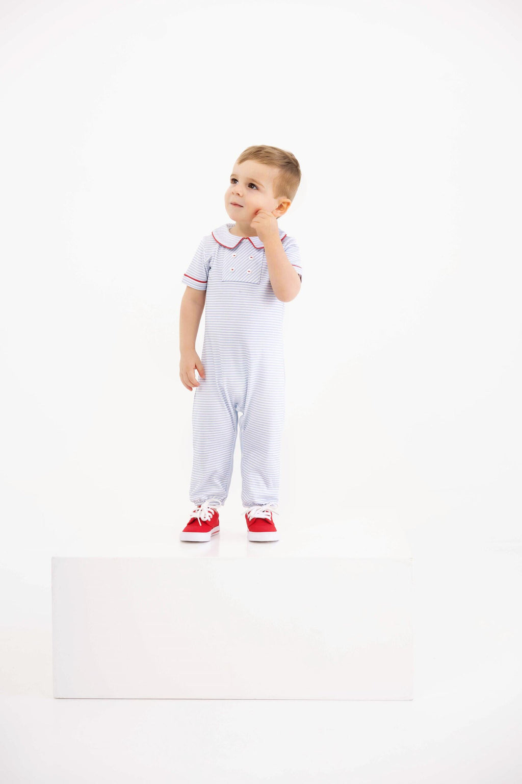 Benny Button Romper- Beale Street Blue Stripe