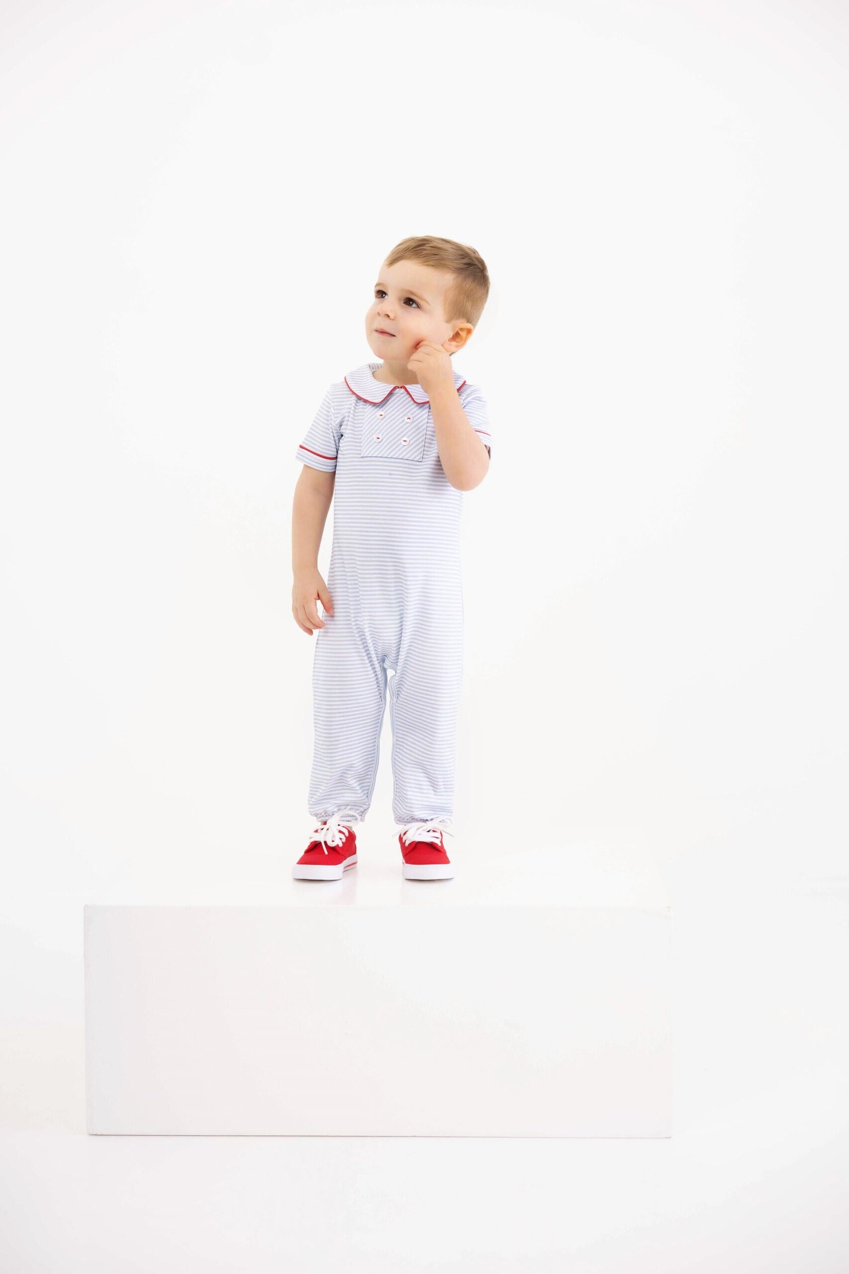 Benny Button Romper- Beale Street Blue Stripe